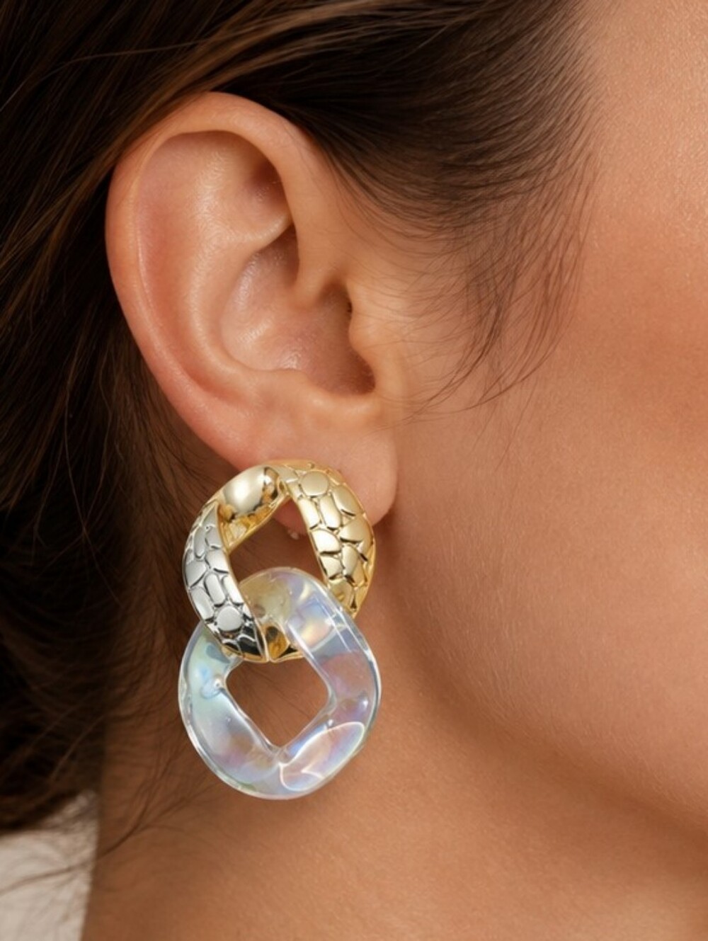 Gold Tone Resin Boho Chunky Chain Statement Drop Earrings Clear Geometric 💖